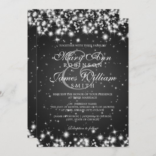Invitation Mariage élégant Noir étincelant d'hiver (Devant / Derrière)