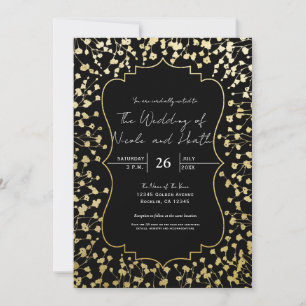 Invitation Mariage élégant noir floral Baby's Breath or
