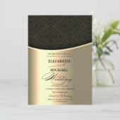 Invitation Mariage élégant noir luxe damassé or (Debout devant)