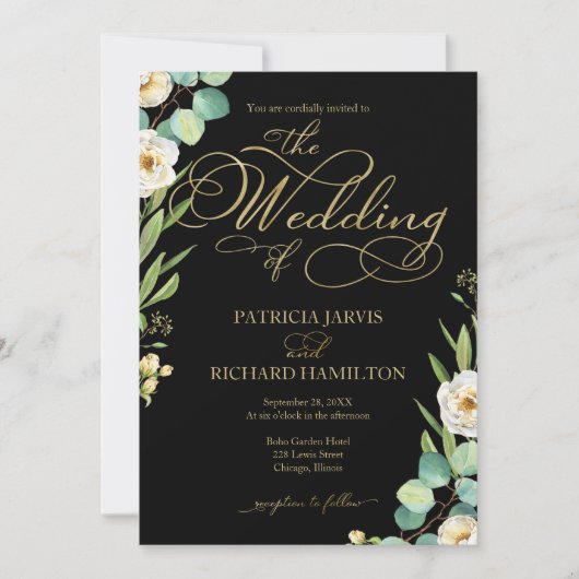 Invitation Mariage Élégant Noir Or Feuille Script Végétal (Devant)