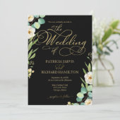 Invitation Mariage Élégant Noir Or Feuille Script Végétal (Debout devant)