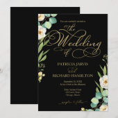 Invitation Mariage Élégant Noir Or Feuille Script Végétal (Devant / Derrière)