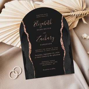 Invitation Mariage Élégant Noir Rose Or Agate Arc Sombre