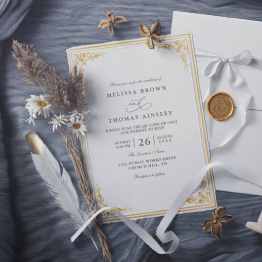 Invitation Mariage élégant or écru classique simple moderne