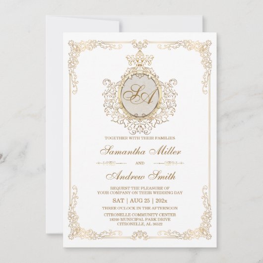 Invitation Mariage Élégant Or et Blanc (Devant)