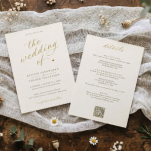 Invitation Mariage Élégant Or et Ivoire Tout en Un