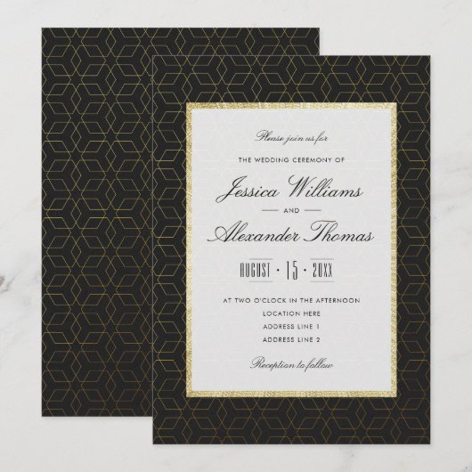 Invitation Mariage élégant or et noir (Devant / Derrière)
