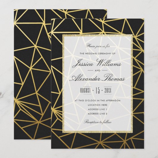 Invitation Mariage élégant or et noir (Devant / Derrière)