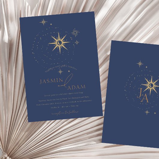 Invitation Mariage élégant or étoiles célestes bleu marine