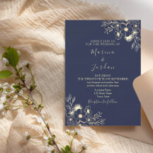 Mariage élégant or floral bleu marine