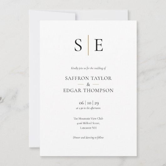Invitation Mariage Élégant Or Noir Monogramme (Devant)