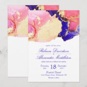 Invitation Mariage élégant or rose et encre lavée violette (Devant / Derrière)