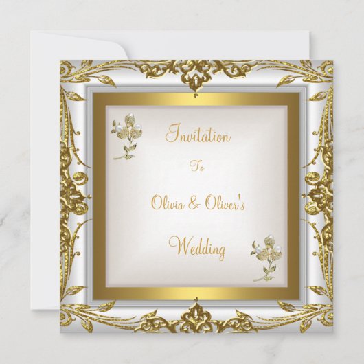 Invitation Mariage élégant Ornate Floral Blanc Or (Devant)