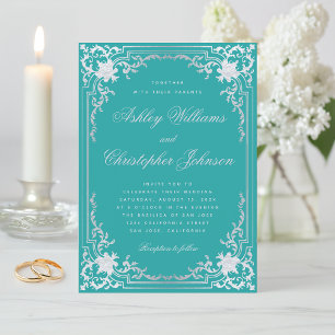 Invitation Mariage Élégant Orné Faux Argent Sarcelle Vintage