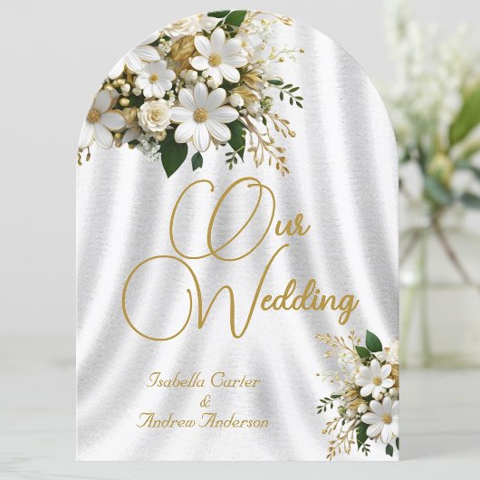 Invitation Mariage Élégant Orné Fleurs Blanc Or