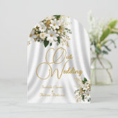 Invitation Mariage Élégant Orné Fleurs Blanc Or (Debout devant)