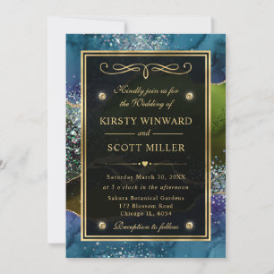 Invitation Mariage Élégant Paillettes Bleu, Vert et Or Agate
