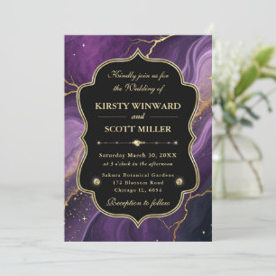 Invitation Mariage Élégant Paillettes Marbre Or Pourpre