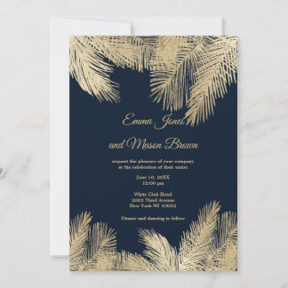 Invitation Mariage élégant palmier tropical bleu marine or