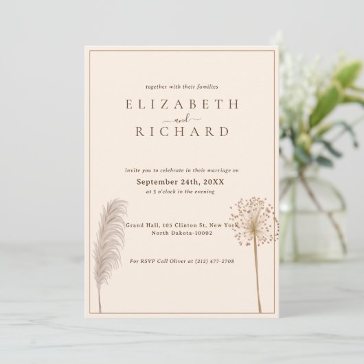 Invitation Mariage élégant Pampas Grass Boho (Debout devant)