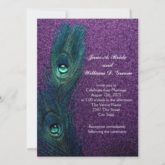 Invitation Mariage élégant paon bleu sarcelle violet (Devant)