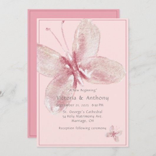 Invitation Mariage élégant papillon aquarelle rose mauve (Devant / Derrière)