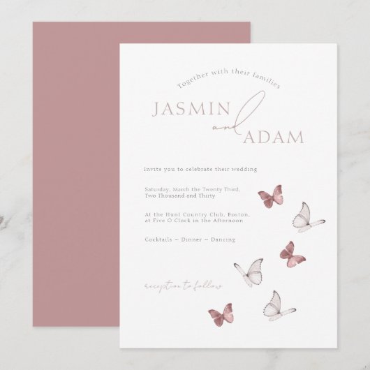 Invitation Mariage élégant papillon rose (Devant / Derrière)