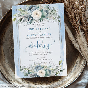 Invitation Mariage élégant Pastel Bleu Blanc Fleurs d'argent