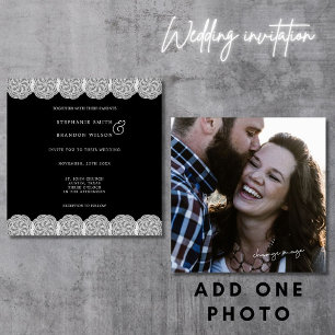 Invitation Mariage Élégant Photo Broderie Noir Blanc