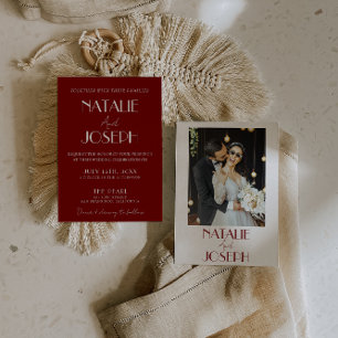 Invitation Mariage Élégant Photo Minimaliste Blanc Bourgogne