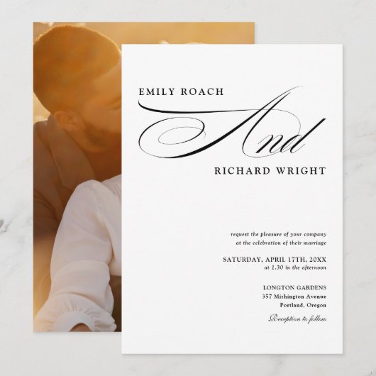 Invitation Mariage Élégant Photo Script Noir Et Blanc (Devant / Derrière)