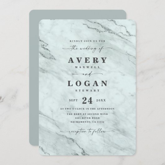 Invitation Mariage Élégant Pluie Marbre Métallisé Vert Poussi (Devant / Derrière)