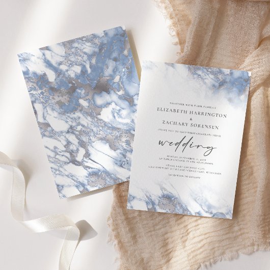 Invitation Mariage élégant poussiéreux bleu argenté Chic