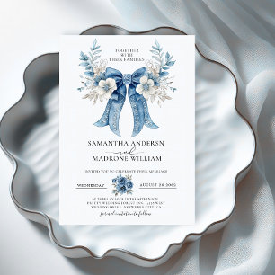 Invitation Mariage Élégant Poussiéreux Bleu Blanc Rose Ruban