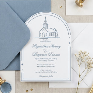 Invitation Mariage élégant poussiéreux bleu Église chapelle c