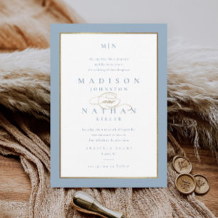 Invitation Mariage élégant poussiéreux bleu et or