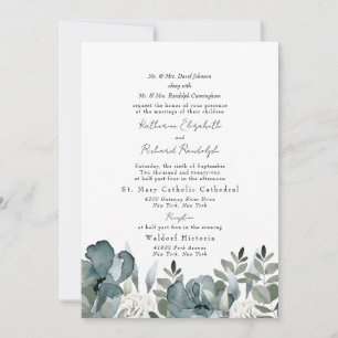 Invitation Mariage Élégant Poussiéreux Bleu Floral des Deux P