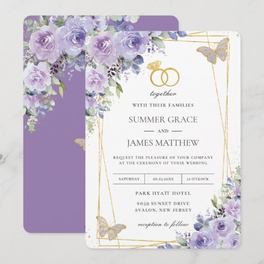 Invitation Mariage élégant Purple Lilac Papillons Floraux (Devant / Derrière)