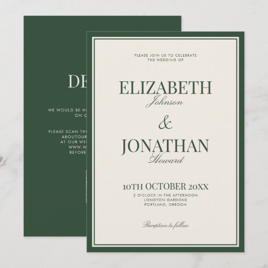 Invitation Mariage élégant QR Code Argent ancien vert Classiq (Devant / Derrière)