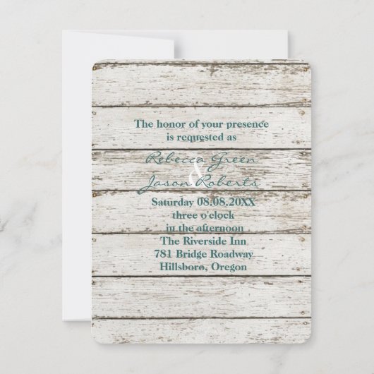 Invitation mariage élégant quai bois coquillages plage (Dos)