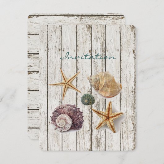 Invitation mariage élégant quai bois coquillages plage (Devant / Derrière)