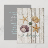 Invitation mariage élégant quai bois coquillages plage (Devant / Derrière)