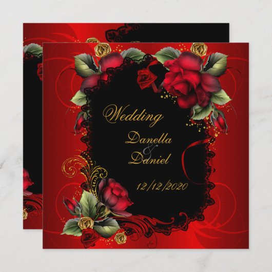 Invitation Mariage élégant Red Roses Or (Devant / Derrière)
