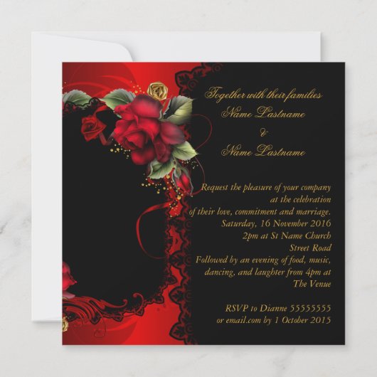 Invitation Mariage élégant Red Roses Or (Dos)