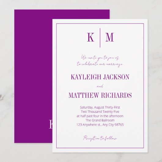 Invitation Mariage élégant rétro vibrant monogramme violet (Devant / Derrière)