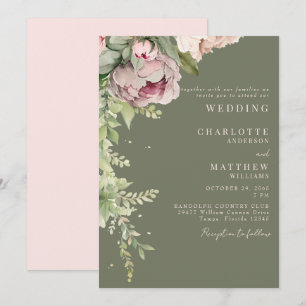 Invitation Mariage élégant Rich Sage & Pink Peonies