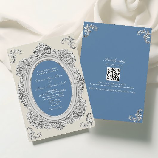 Invitation Mariage élégant rococo poussiéreux bleu