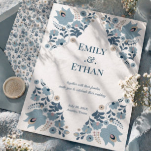Invitation Mariage Élégant Romantique aux Fleurs Bleu Poussié