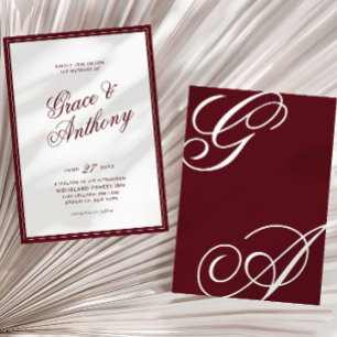 Invitation Mariage élégant romantique monogramme bordeaux pro
