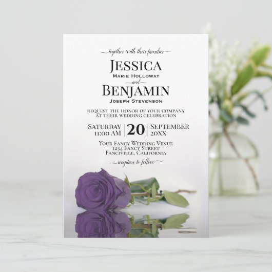 Invitation Mariage Élégant Rose Améthyste Pourpre Long Encais (Debout devant)